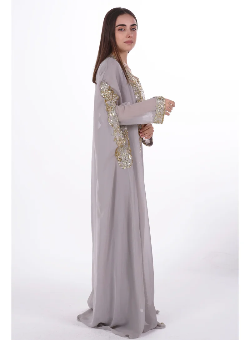 AL BENT AL SHARQIEH grey emboidered chiffon kaftan dress for Women | Best Price UAE